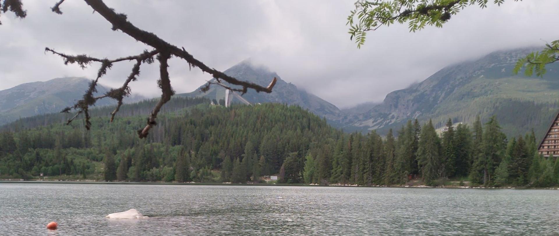 Rozległy widok na jezioro i szczyty gór, w dolnym prawym rogu widoczna malująca pejzaż dziewczyna