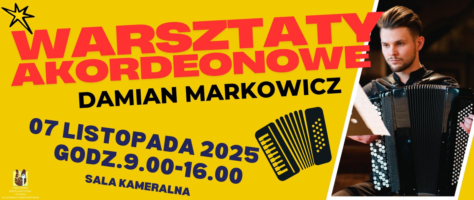 Zdjęcie akordeonisty po lewej stronie na żółtym tle, niebieskie, żółte i czarne i czerwone litery informujące o wydarzeniu, w centrum plakatu ikonka akordeonu