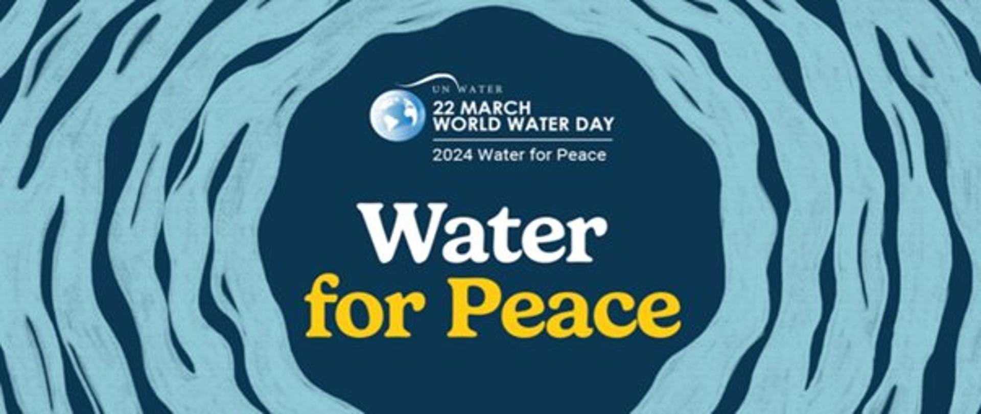 Na ciemnym niebieskim tle umieszczono ułożony symbol fal w jaśniejszym odcieniu. Na środku grafiki umieszczono symbol kuli ziemskiej z napisem z prawej strony "ON WATER - WORLD WATER DAY, 2024 Water for Peace". Poniżej napis "Water for Peace".