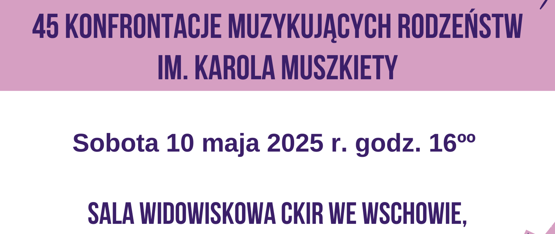 W górnej części na środku logo szkoły, po lewej rysunek instrumentu. Poniżej na fioletowym pasku tytuł koncertu. Pozostałe informacje tj. termin, miejsce koncertu oraz strona internetowa szkoły w centralnej i dolnej części na białym tle.