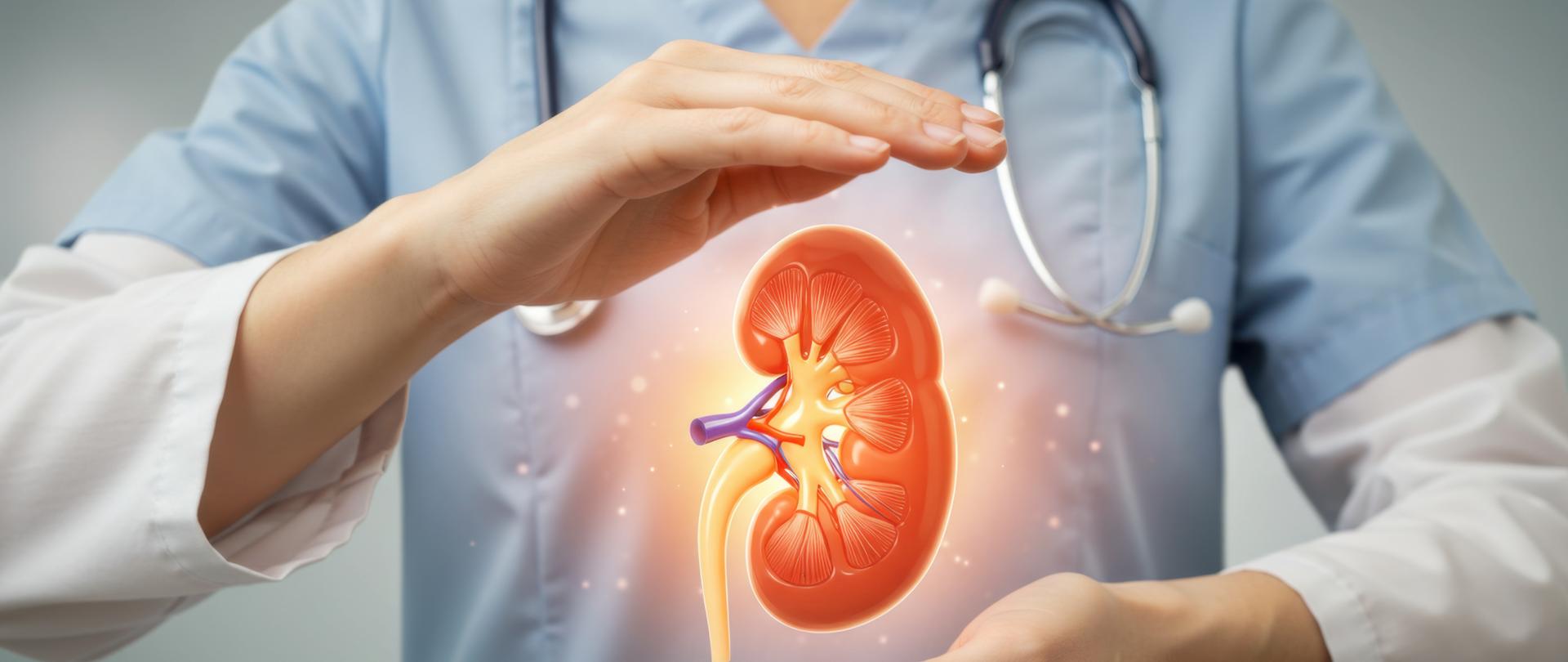 Grafika nerki w kolorze pomarańczowym. W tle osoba w niebiesko-białym fartuchu ze stetoskopem na szyi osłania dłońmi z góry i z dołu promieniejącą nerkę.