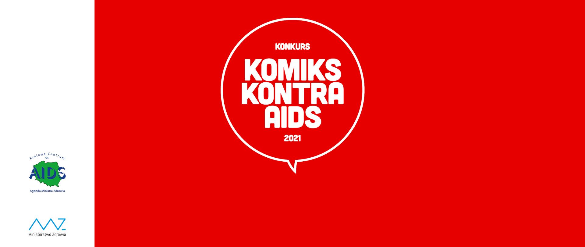 Grafika z tekstem: Konkurs Komiks Kontra AIDS 2021. Po lewej stronie logotypy Ministerstwa Zdrowia i Krajowego Centrum ds. AIDS
