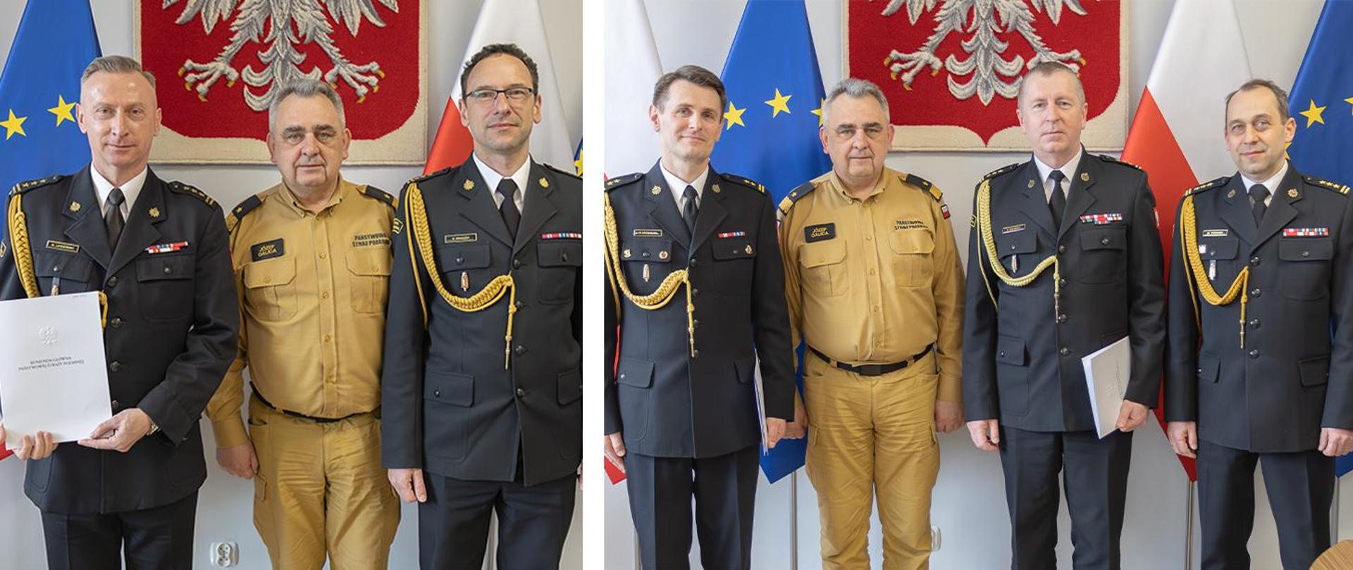 Kolarz dwóch zdjęć. Po prawej na zdjęciu w środku zastępca komendanta głównego oraz powołany zastępca śląskiego komendanta wojewódzkiego PSP i śląski komendant wojewódzki PSP. Na fotografii po prawo stoją w kolejności zastępca zachodniopomorskiego komendanta wojewódzkiego PSP, zastępca komendanta głównego PSP, drugi zastępca zachodniopomorskiego komendanta wojewódzkiego PSP oraz zachodniopomorski komendant wojewódzki PSP. Za osobami na fotografii widoczne godło Polski oraz flagi Polski i Unii Europejskiej.