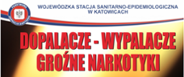 Logo akcji Dopalacze - Wypalacze groźne narkotyki. Duży czerwony napis z nazwą akcji na tle żółto - brązowym, który imituje płomienie.