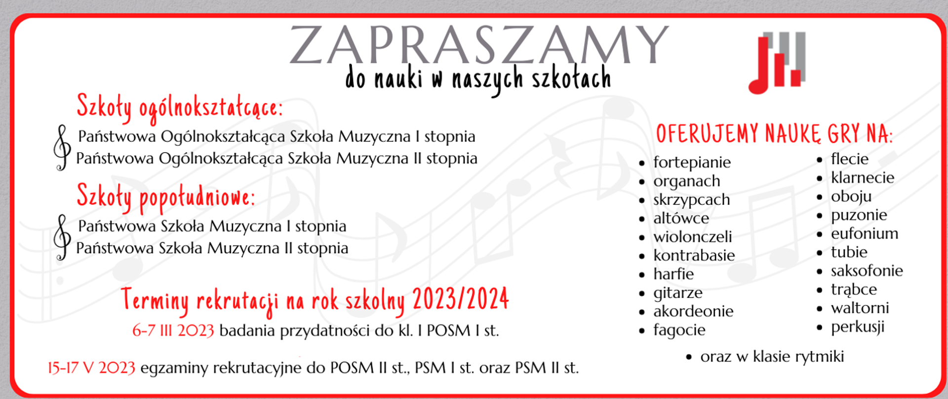 Na białym tle z szarymi nutami w prawym górnym rogu logo szkoły. Na całym banerze informacje o rodzaju szkół wchodzących w skład Zespołu Szkół Muzycznych im. Marcina Józefa Żebrowskiego w Częstochowie