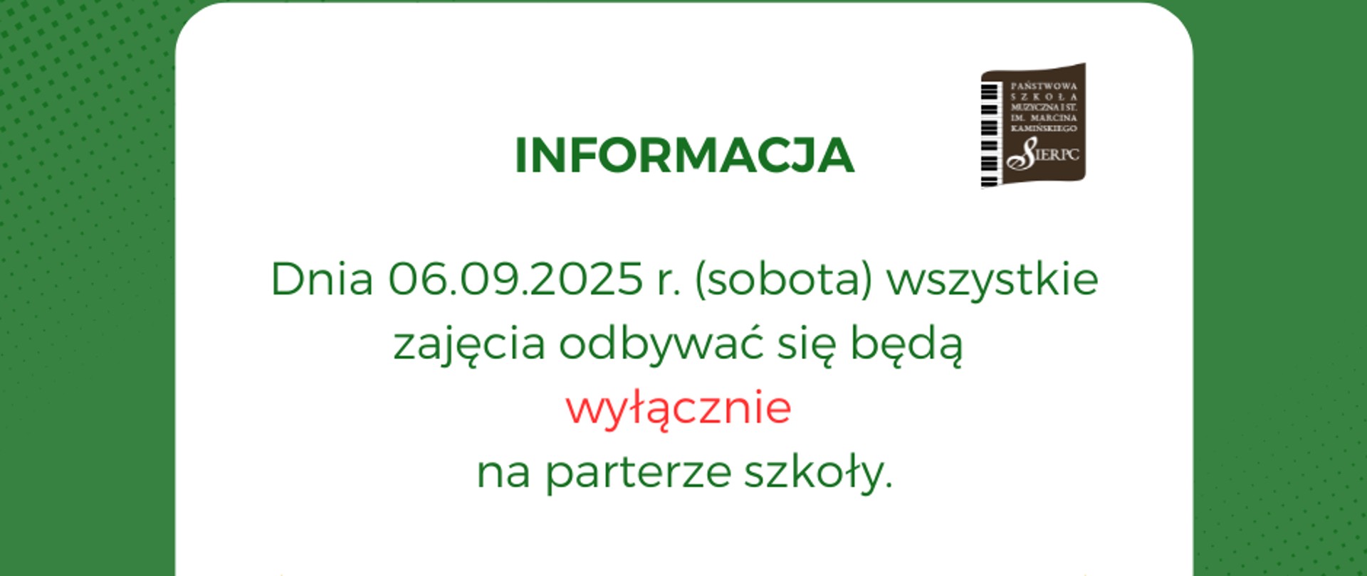 Na zielono-białym tle w prawym górnym rogu logo szkoły. Pośrodku tekst informujący o zajęciach. Poniżej dwa megafony.