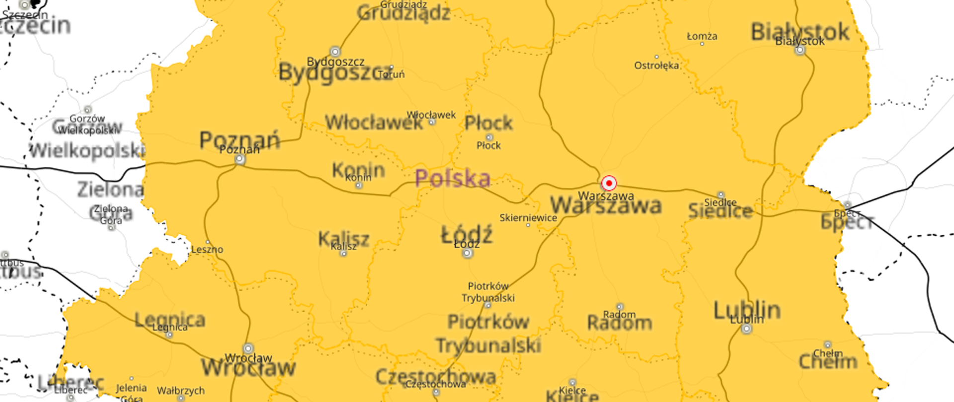 Mapa wschodniej części polski z obszarem koloru żółtego z zaznaczonymi obszarami z ostrzeżeniem przed mrozem