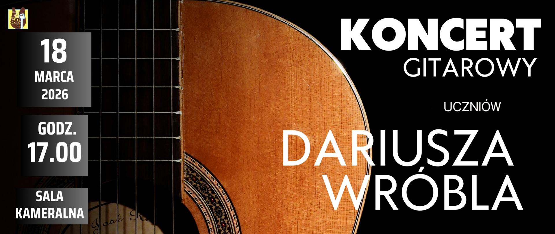 gitara na czarnym tle, napisy w kolorze białym