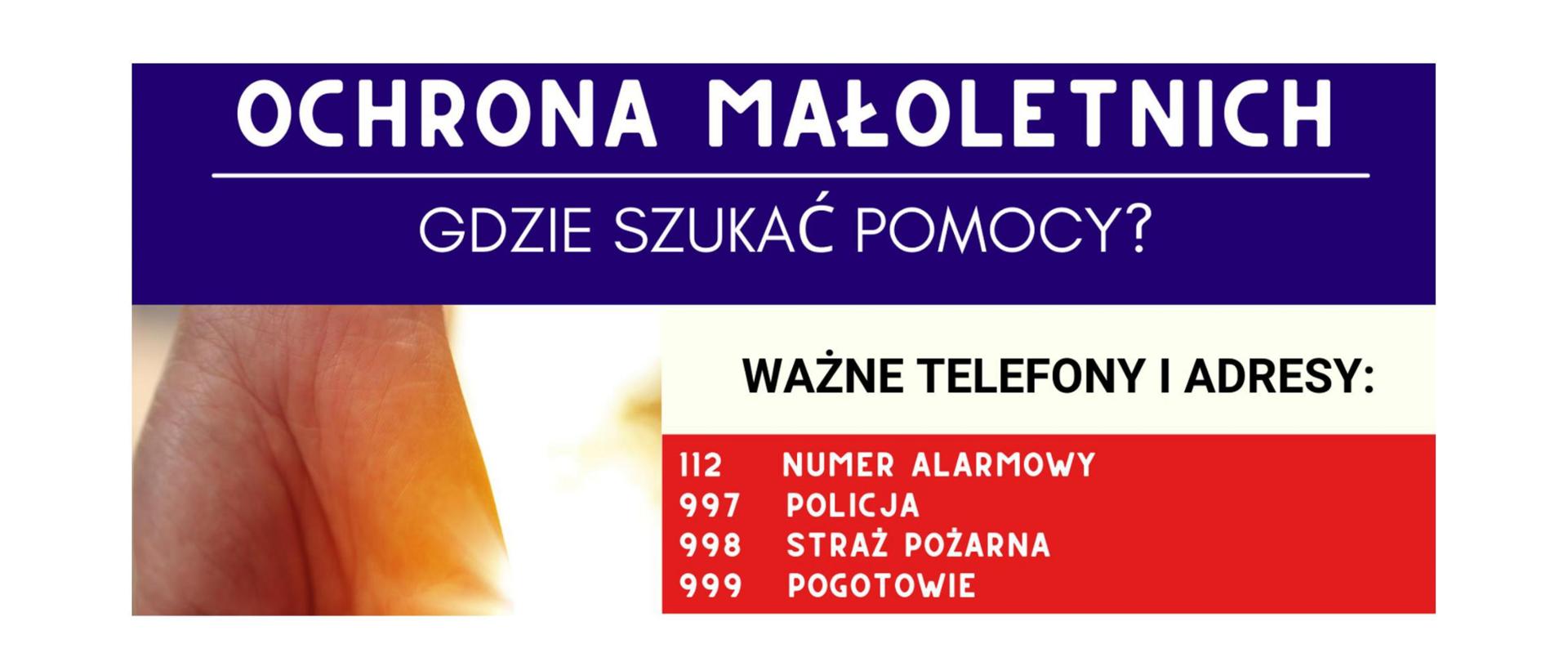 Grafika w kolorach niebieskim, czerwonym i białym, zawierająca alarmowe numery telefonów