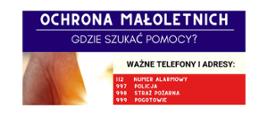 Grafika w kolorach niebieskim, czerwonym i białym, zawierająca alarmowe numery telefonów