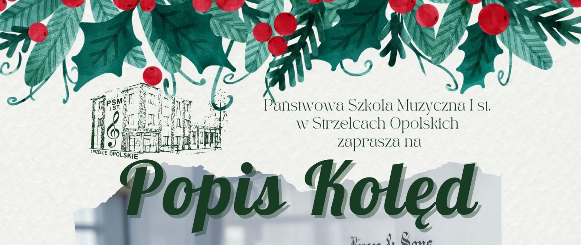 Koncert kolęd w wykonaniu uczniów fortepianu dodatkowego p. Małgorzaty Pencko, 21 stycznia godz. 17:15, zdjęcie fortepianu, logo szkoły.