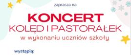 Banner przedstawiający śpiewające dzieci oraz choinki i informacje na temat koncertu na białym tle