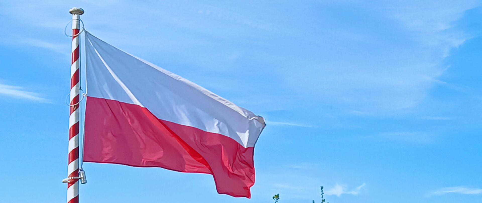 Zdjęcie przedstawia flagę Polski wciągniętą na maszt na tle błękitnego nieba.