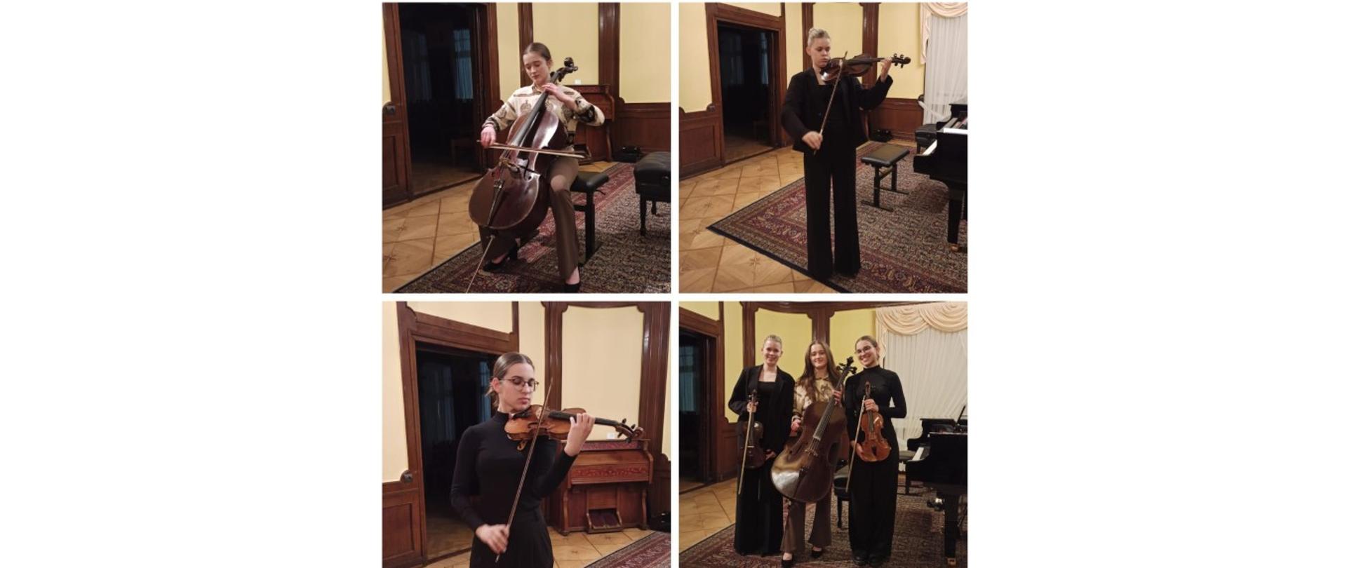 Zdjęcie kolorowe złożone z czterech fotografii dokumentujących występ muzyczny w eleganckim wnętrzu z drewnianymi panelami i parkietem w jodełkę. Górne lewe zdjęcie: Dziewczyna o brązowych włosach spiętych w kok, ubrana w jasną wzorzystą bluzkę i ciemne spodnie, siedzi na taborecie i gra na wiolonczeli. Górne prawe zdjęcie: Dziewczyna o jasnych włosach, ubrana w czarny garnitur, stoi na wzorzystym dywanie i gra na skrzypcach. W tle czarny fortepian. Dolne lewe zdjęcie: Dziewczyna w okularach i czarnym golfie gra na skrzypcach, stojąc na tle drewnianych drzwi i pianina. Dolne prawe zdjęcie: Trzy uśmiechnięte dziewczyny stojące razem w tym samym pomieszczeniu, trzymając swoje instrumenty: skrzypce oraz wiolonczelę. Obok nich fragment fortepianu i jasna zasłona w tle.