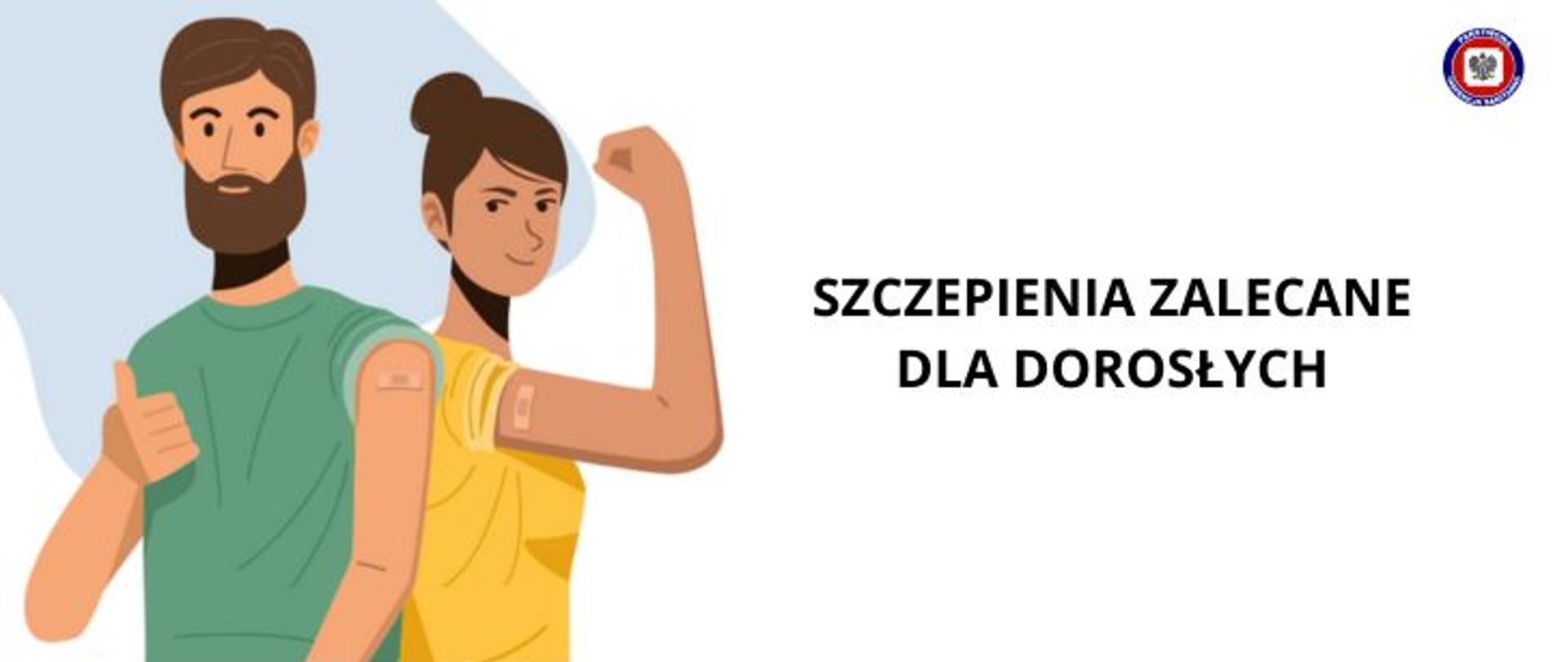 Po lewej grafika kobiety i mężczyzny z plastrami na ramionach, zadowolonych po szczepieniu, po prawej na jasnym tle ciemny napis szczepienia zalecane dla dorosłych. W prawym górnym rogu logo Państwowej Inspekcji Sanitarnej.