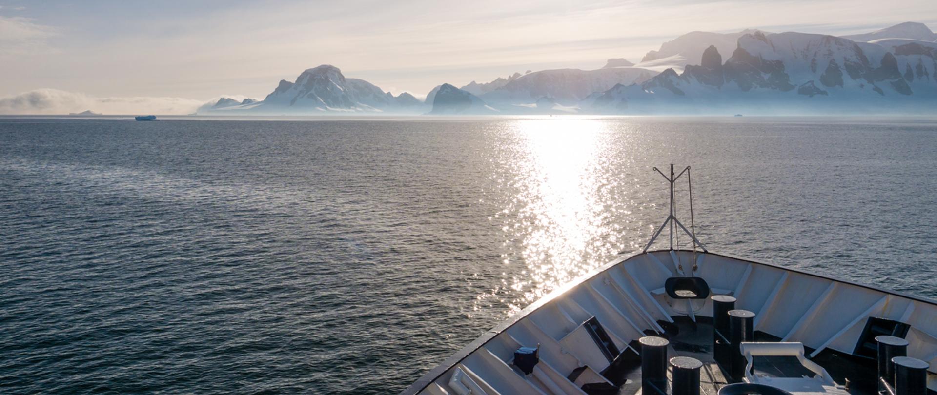 Bow of cruise ship cruising in Gerlache Strait to Orne Harbour on Arctowski peninsula, Antarctic Peninsula, Antarctica