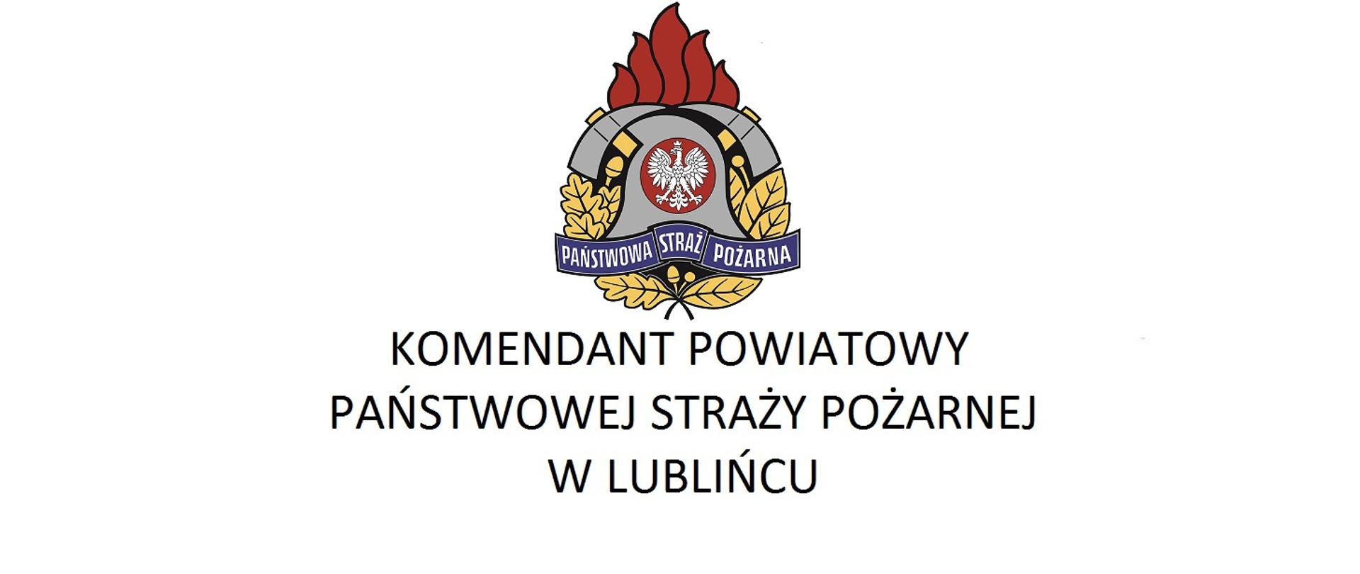 Logo Państwowej Straży Pożarnej a pod nim napis Komendant Powiatowy Państwowej Straży Pożarnej w Lublińcu
