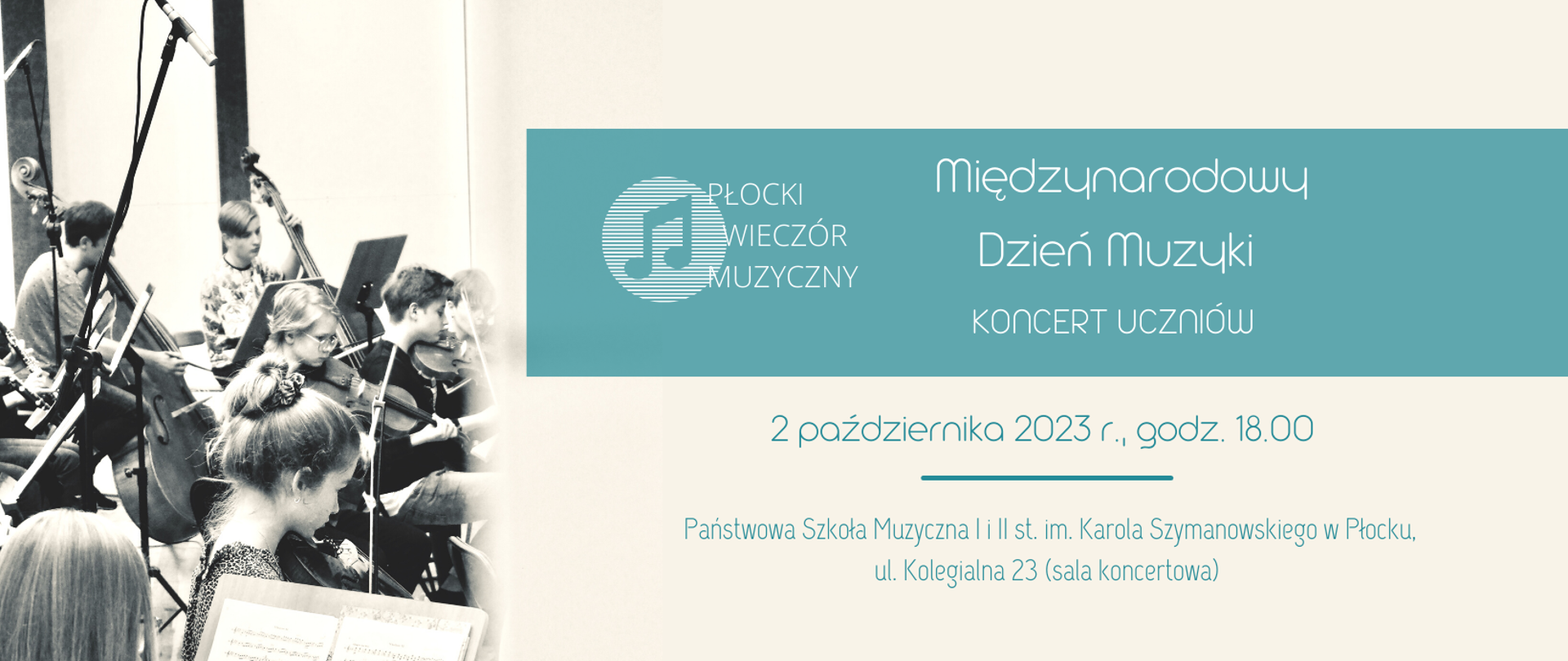 Zdjęcie uczniów grających na instrumentach smyczkowych, na białym tle z niebieskimi prostokątami i białym tekstem.