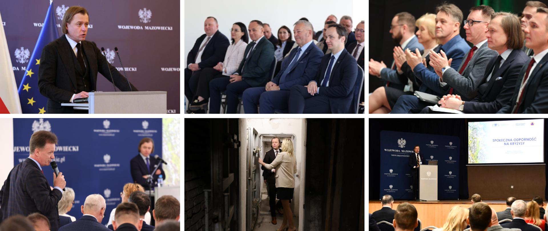 Kolaż 6 zdjęć przedstawiających spotkania wojewody mazowieckiego z samorządowcami. Na dolnym środkowym obrazku zdjęcie wojewody podczas wizyty w schronie. 
