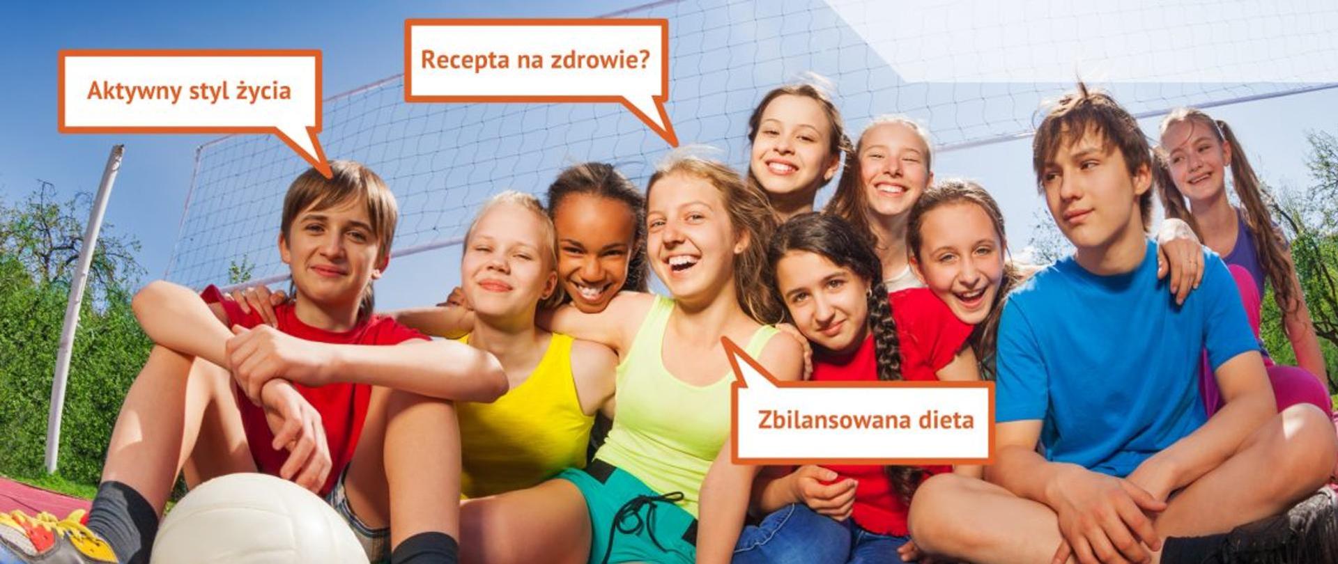 Zdjęcie przedstawia grupę dzieci na boisku siatkówki oraz hasła Aktywny styl życia, zbilansowana dieta, Recepta na zdrowie?. Konkurs "Trzymaj formę