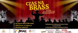 Plakat informujący o widowisku taneczno-muzycznym zatytułowanym "Czas na bass". Tytuł napisany jest na środku plakatu żółtymi literami. tłem plakatu jest bordowa kotara. Poniżej czarne sylwetki dyrygenta i orkiestry. Na samum dole loga organizatorów i patronów medialnych. 