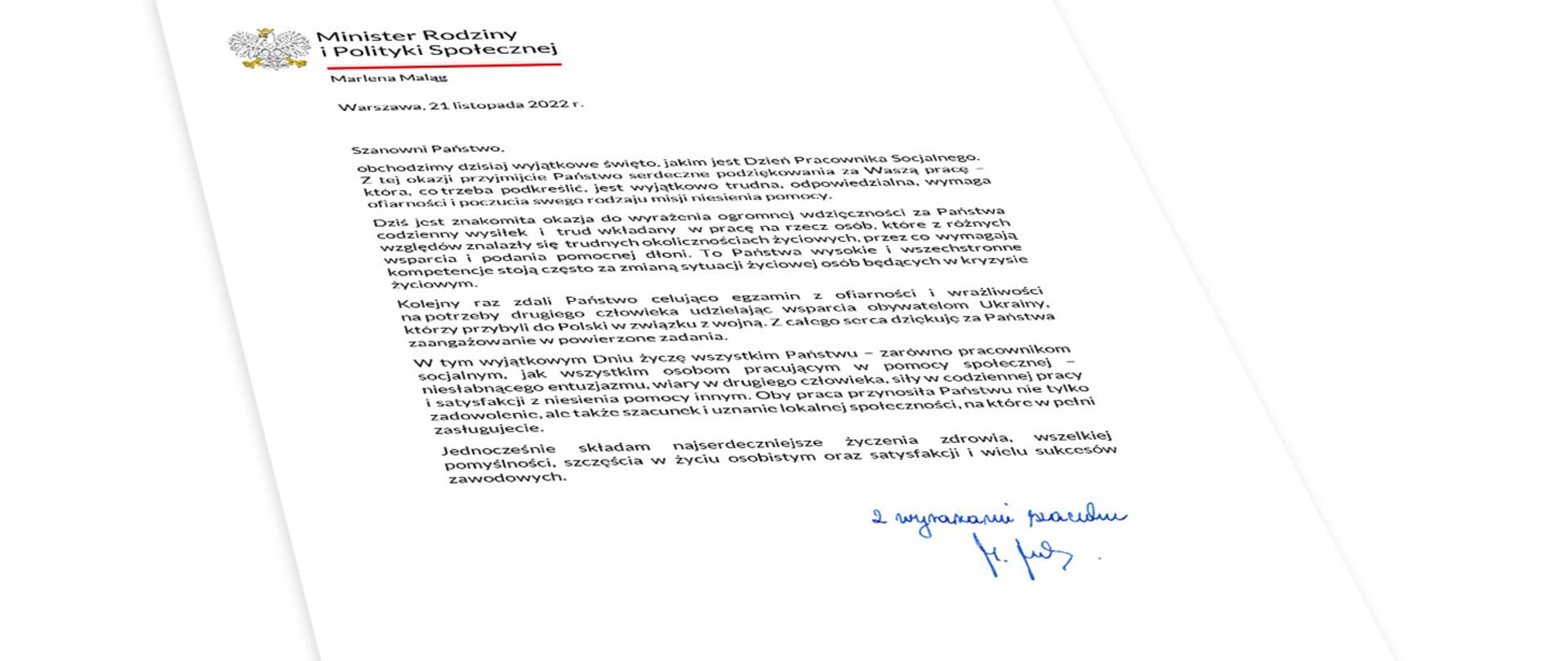 List Minister Marleny Maląg z okazji Dnia Pracownika Socjalnego
