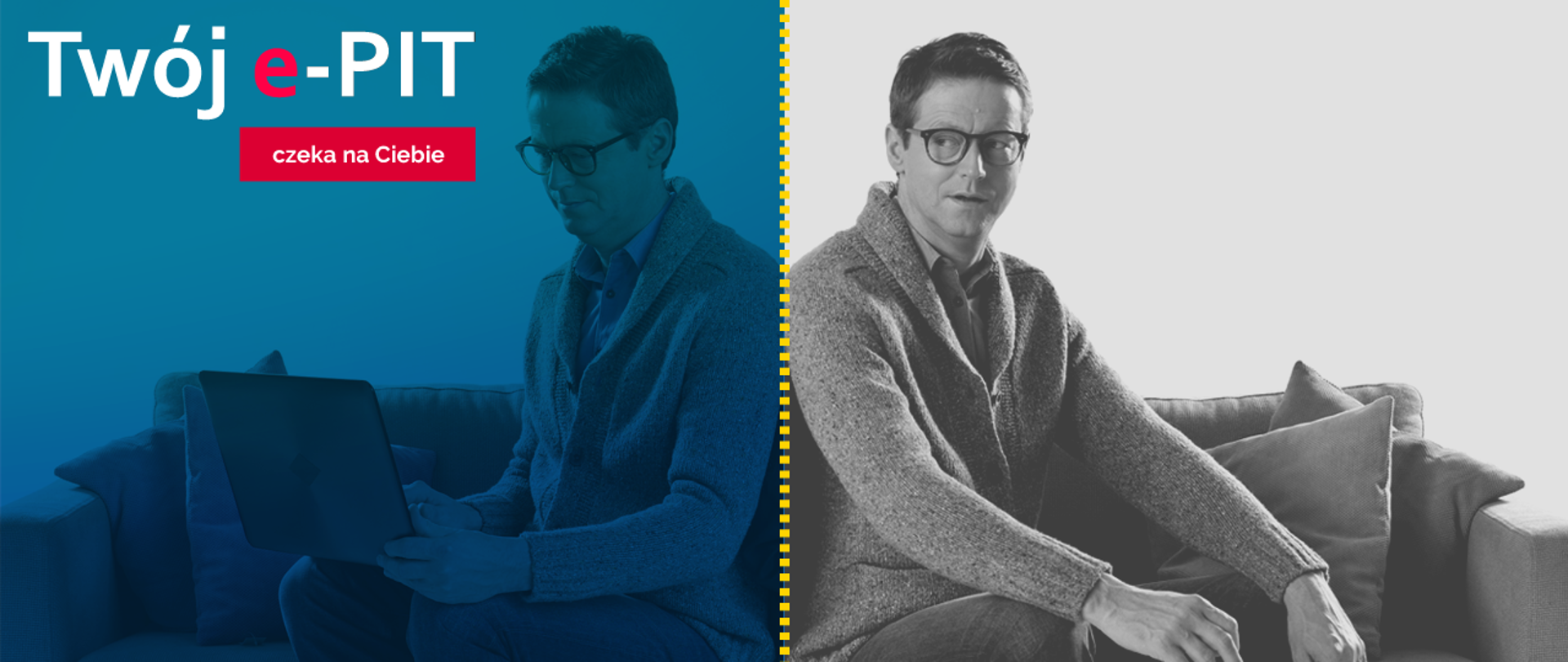 Zdjęcie podzielone na pół. Na jednej stronie mężczyzna z laptopem na drugiej bez laptopa. 