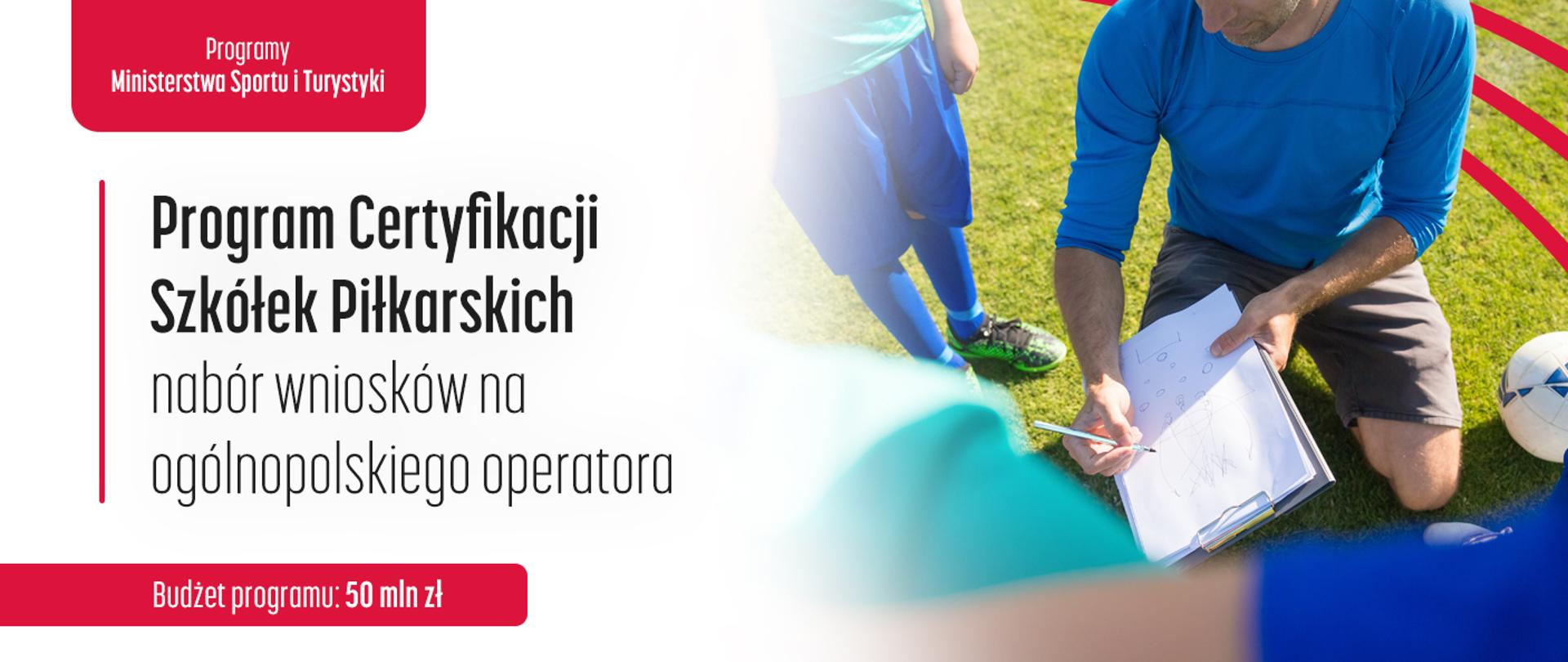 Grafika z napisem Program Certyfikacji Szkółek Piłkarskich - nabór wniosków na ogólnopolskiego operatora