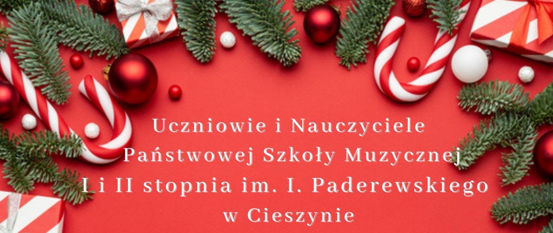 Plakat Koncert Świąteczny na czerwonym tle ozdoby świąteczne i tekst informujący o szczegółach koncertu świątecznego
