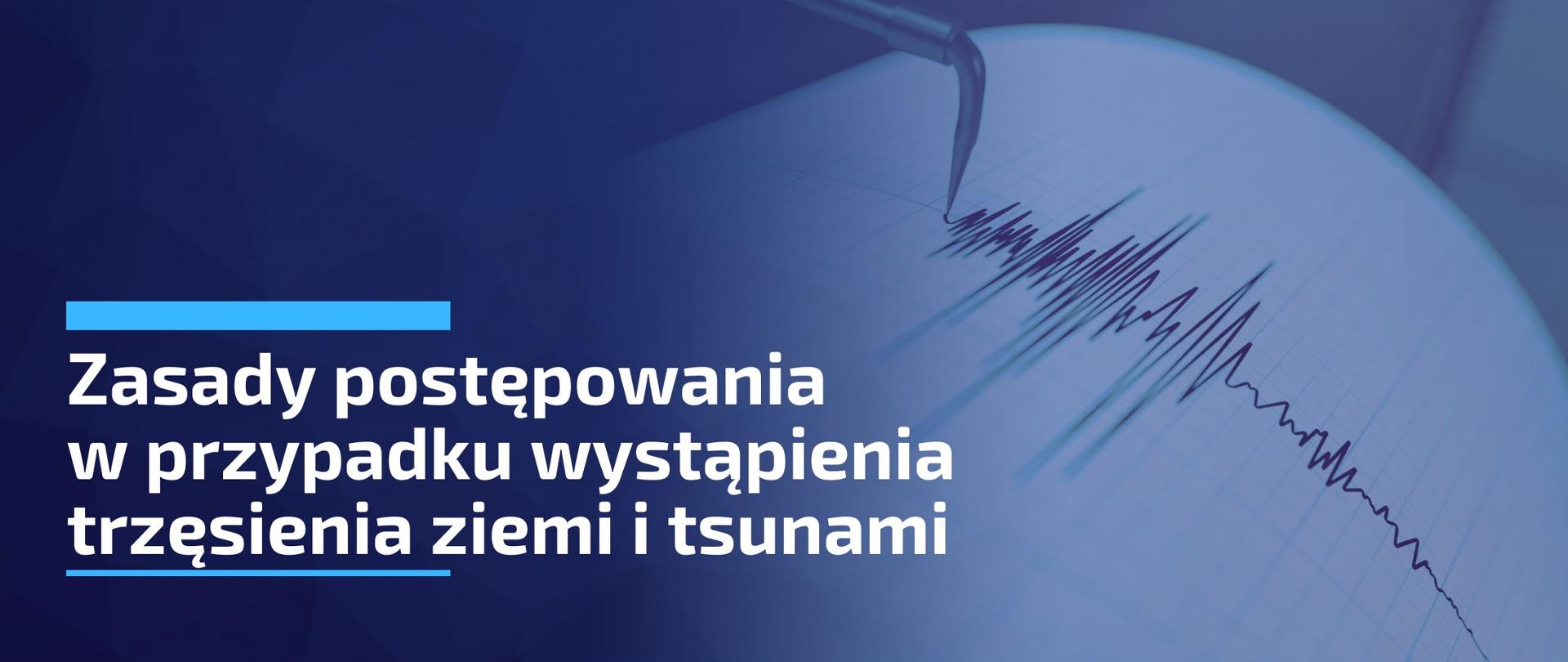 Grafika informacyjna z napisem „Zasady postępowania w przypadku wystąpienia trzęsienia ziemi i tsunami w regionie Lizbony”. W tle widoczny jest sejsmograf rejestrujący wstrząsy.