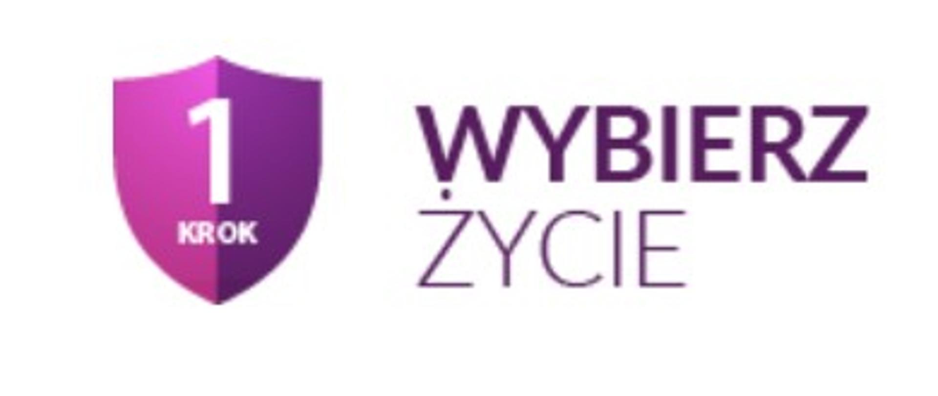 Logo programu - Wybierz Życie - Pierwszy Krok - Fioletowa tarcza w której widnieje jedynka i napis krok, po prawej stronie napis wybierz życie 
