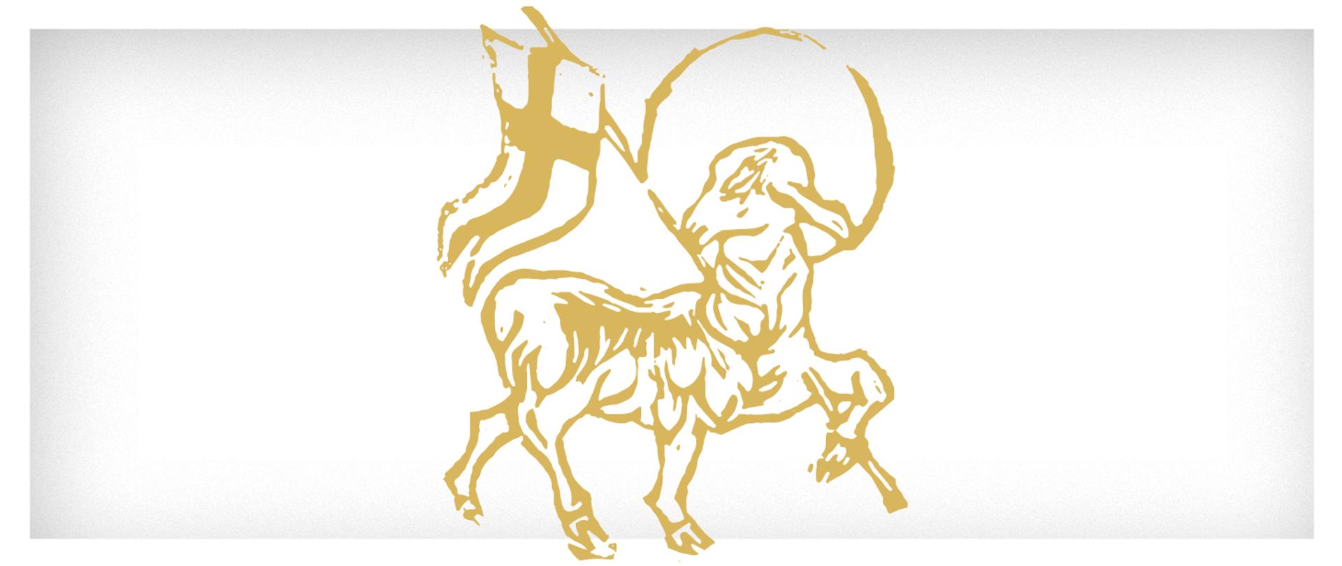 graficzne przedstawienie baranka z chorągwią i aureolą 