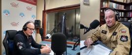 Studio radiowe, w którym znajduje się dwóch mężczyzna z słuchawkami na głowie. Jeden z nich ubrany jest w mundur Państwowej Straży Pożarnej.