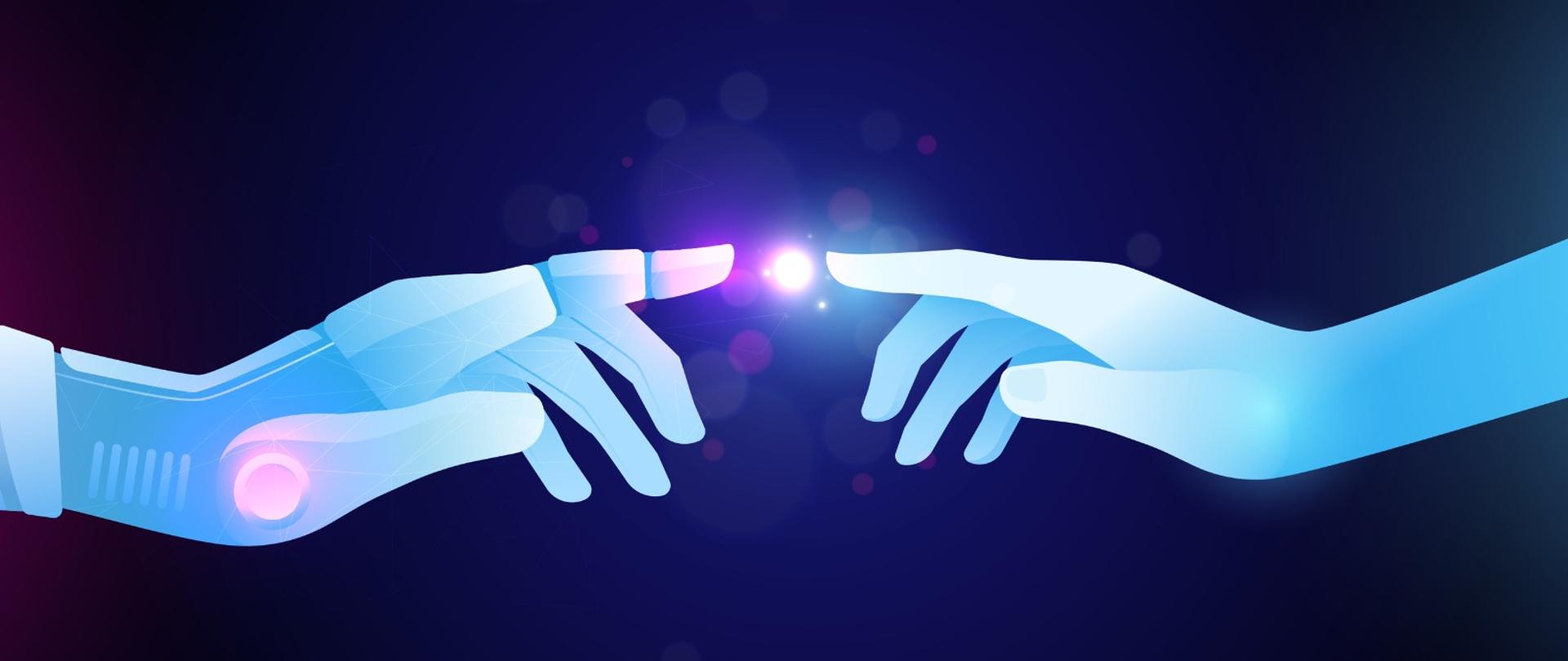 Niebiesko-granatowo-fioletowa grafika wektorowa. Dwie dłonie próbujące dotknąć się palcami wskazującymi. Pomiędzy palcami - jasny, błyszczący punkt.