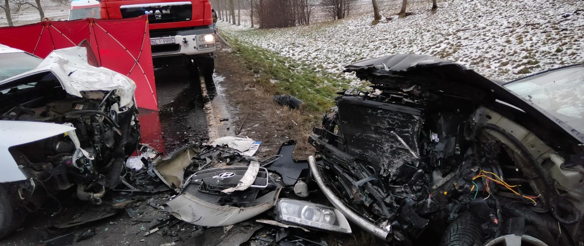 Uszkodzone pojazdy po czołowym zderzeniu i samochód pożarniczy