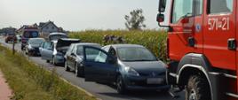 Kolizja w Żylicach. Na jezdni, na tle pola kukurydzy i budynków stoją cztery auta osobowe, dwa wozy straży pożarnej oraz karetka pogotowia ratunkowego. Za samochodami widocznych jest trzech strażaków w czerwonych hełmach.