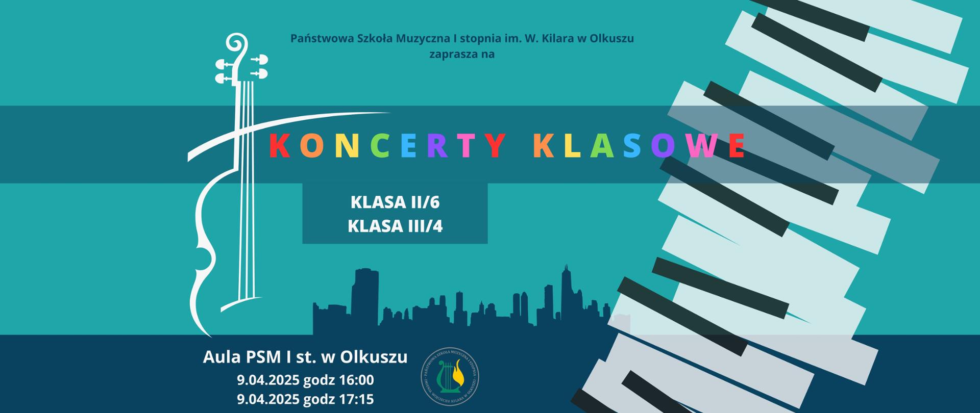 niebieskie tło, różne odcienie, z prawej klawiatura fortepianu, z lewej zarys skrzypiec, kolorowe i białe napisy