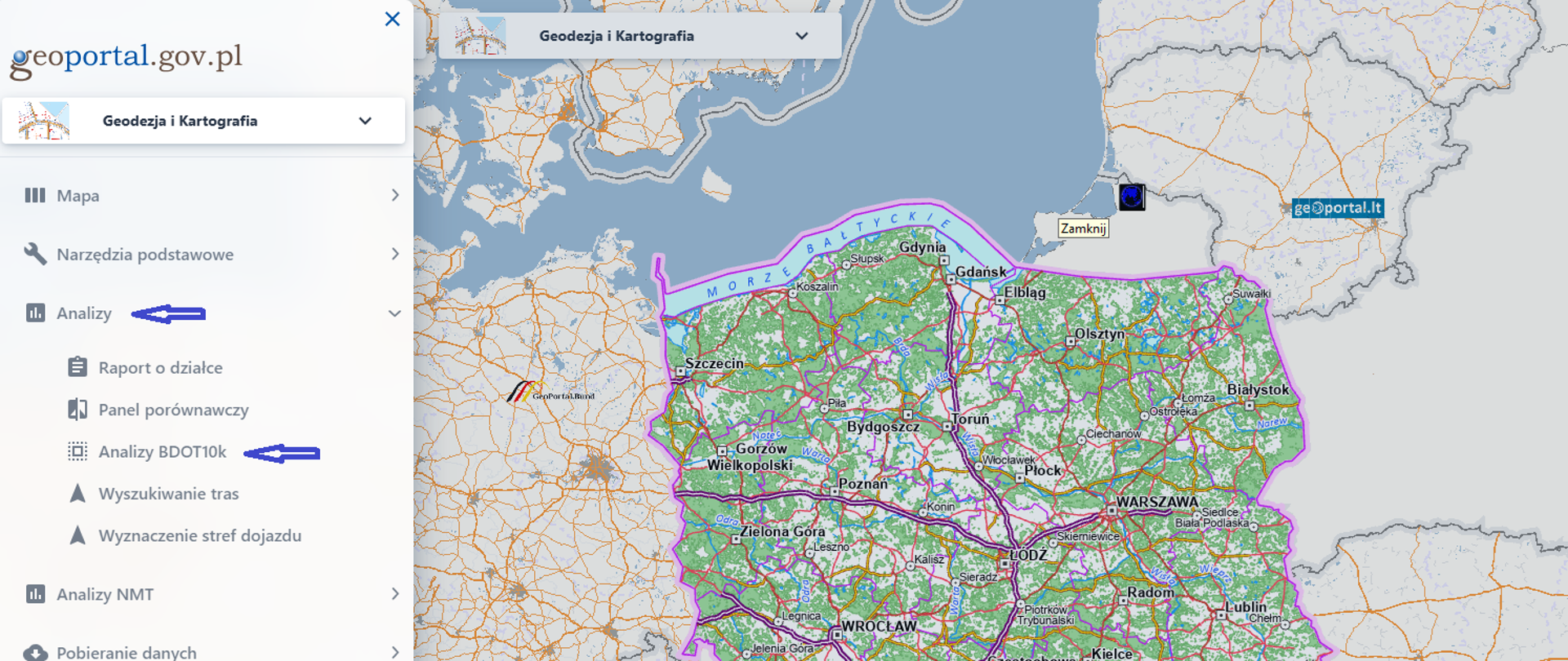 Ilustracja przedstawia funkcję AnalizyBDOT10k, dostępną w Geoportalu.