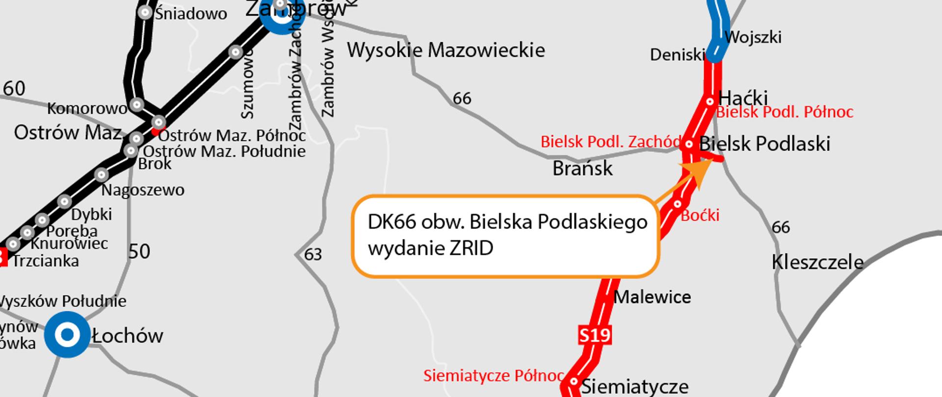 Mapka pokazująca układ dróg w regonie północno-wschodniej Polski ze wskazaniem miejsca gdzie będzie budowana obwodnica Bielska Podlaskiego