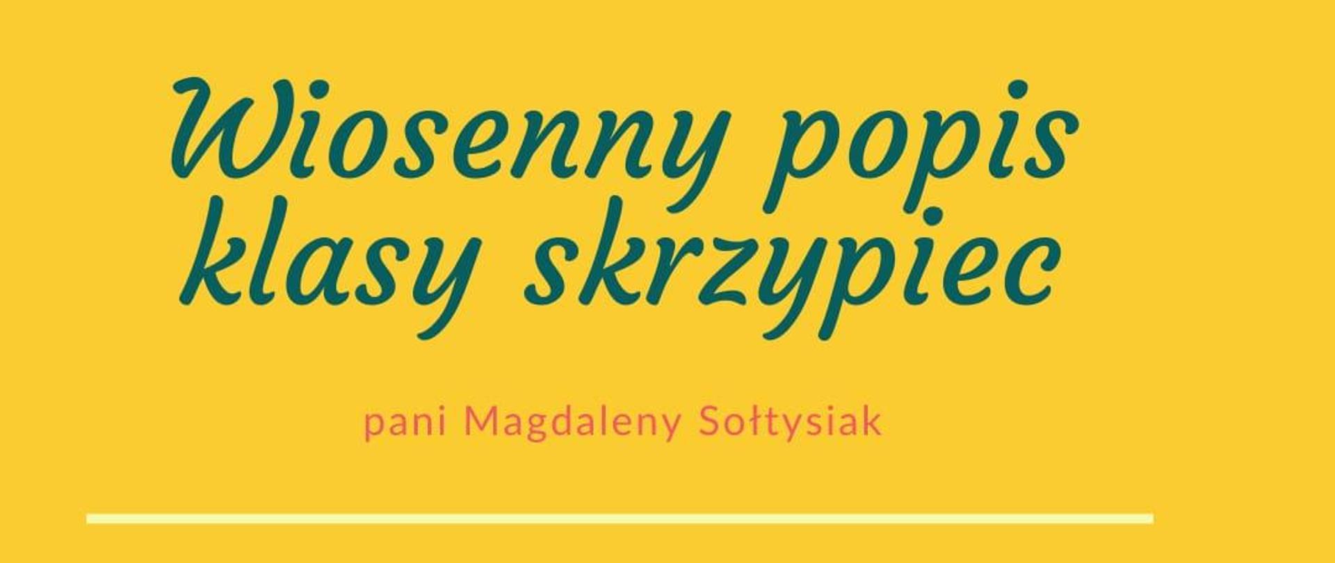 Zielono-czerwone napisy na żółtym tle. U góry grafika przedstawiająca kwiaty