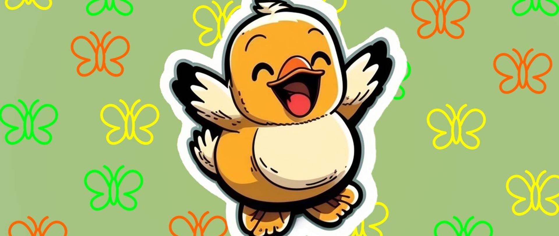 Plakat informujący o Festiwalu Tańczących Dzieci „Kaczuszka”, który odbędzie się 10 maja 2024 r. Na górze i na dole na żółtym informacje gdzie i kiedy odbędzie się Festiwal. Na środku na zielonym tle z motylkami jest uśmiechnięta żółta kaczka. 