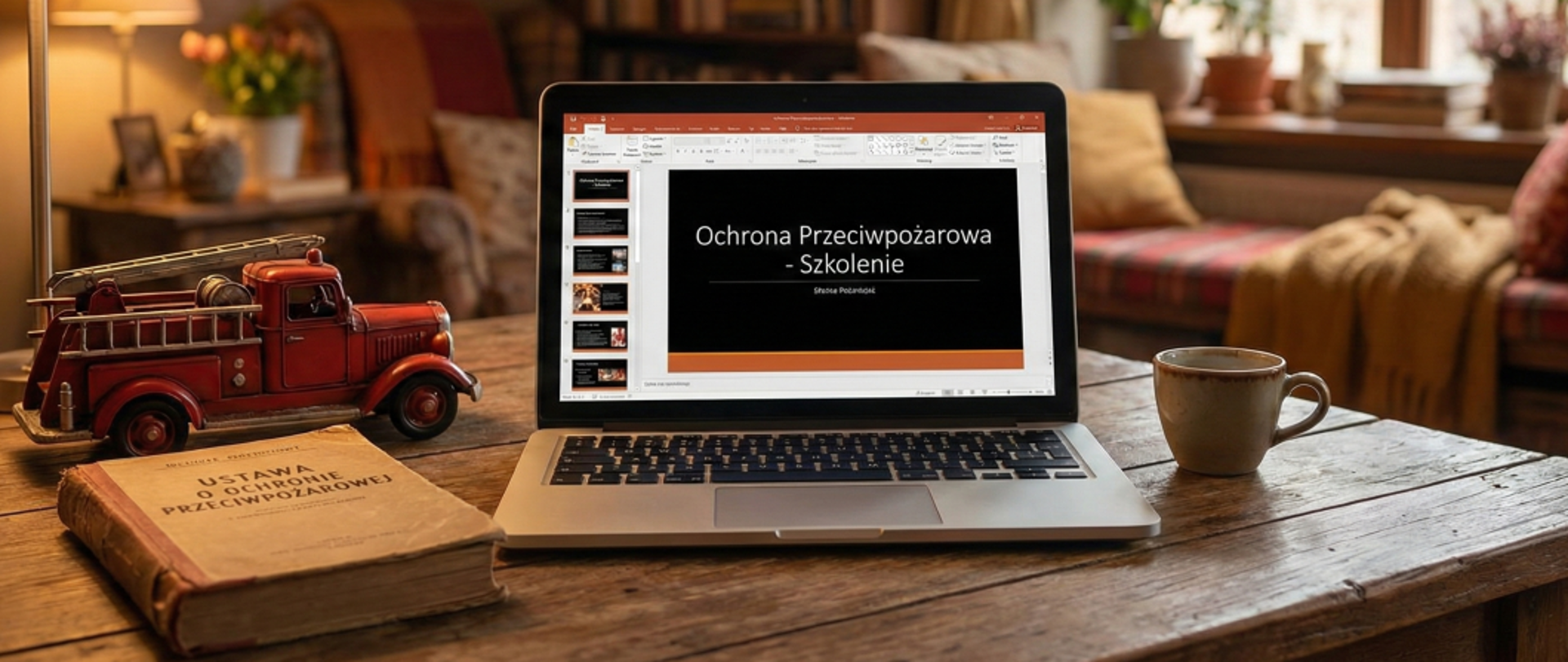 Na zdjęciu widać drewniany stół, na którym stoi otwarty laptop wyświetlający stronę internetową dotyczącą szkoleń z ochrony przeciwpożarowej. Obok komputera znajduje się filiżanka kawy, niewielki model czerwonego samochodu strażackiego oraz notatnik. W tle widoczny jest przytulny salon z sofą, regałem i ciepłym oświetleniem, co nadaje fotografii spokojny, domowy charakter. Jest to grafika promocyjna, a nie zdjęcie wykonane w terenie.