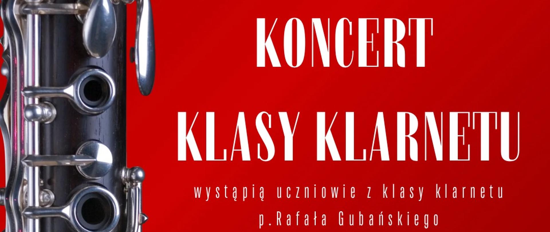 Plakat z bialymi literami na czerwonym tle. Po lewej klarnet.