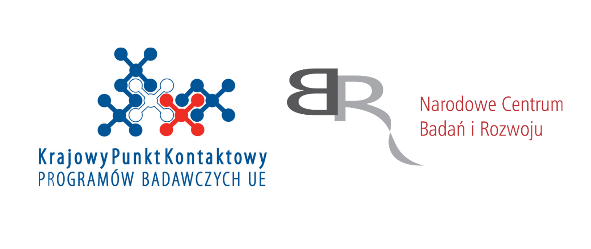 Po lewo w pionie kolejno połączone "X", poniżej niebieski napis Krajowy Punkt Kontaktowy Programów Badawczych UE. Po prawo litery B i R połączone ze sobą, obok napis Narodowe Centrum Badań i Rozwoju