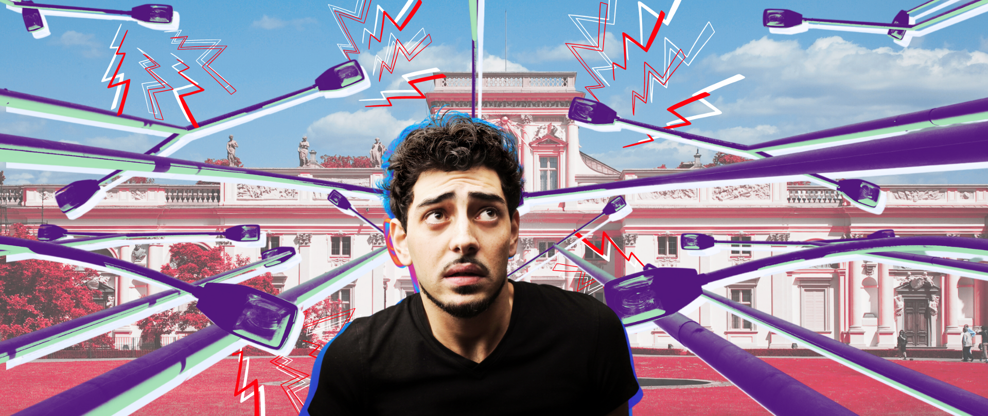 Zdjęcie przedstawia pałac w Wilanowie w towarzystwie licznych latarni ulicznych, które emitują pole elektromagnetyczne, a na pierwszym planie widzimy wystraszonego mężczyznę.