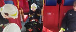 Strażacy podczas ćwiczeń zaopatrują osobę poszkodowaną na noszach ratowniczych. 