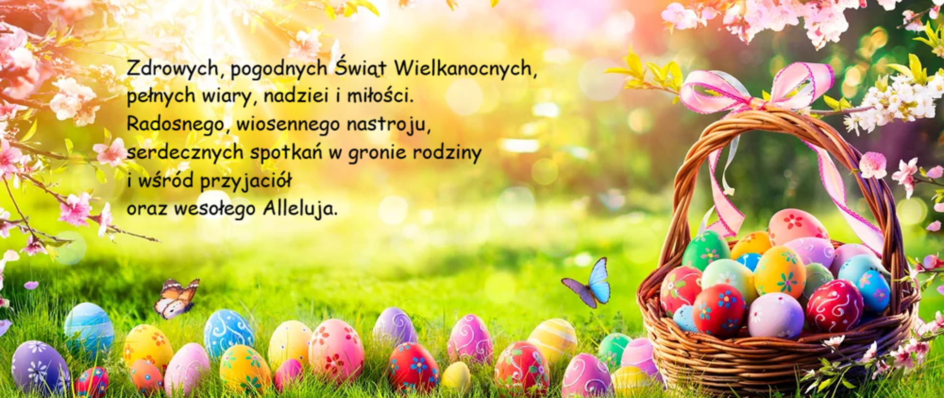 Kolorowa kartka świąteczna z pisankami i życzeniami : Zdrowych, pogodnych Świąt Wielkanocnych, pełnych wiary, nadziei i miłości. Radosnego, wiosennego nastroju, serdecznych spotkań w gronie rodziny i wśród przyjaciół oraz wesołego Alleluja.