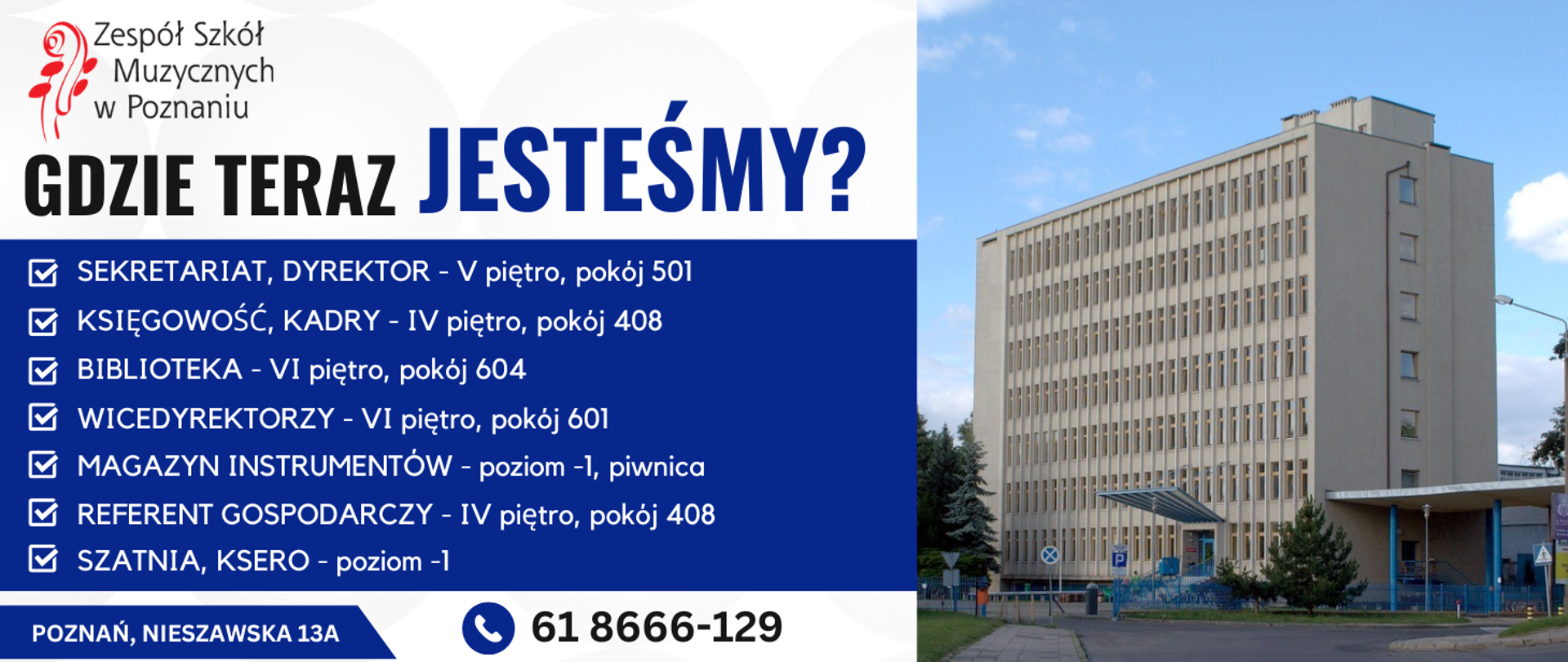 Grafika ze zdjęciem budynku szkoły przy ul. Nieszawskiej 13a w Poznaniu i szczegółowymi informacjami gdzie znajdują się w budynku poszczególne jednostki.