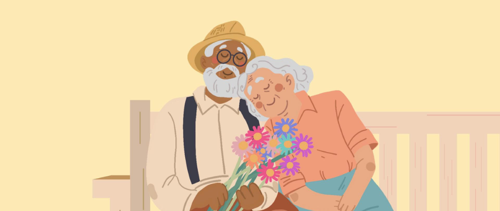 Plakat zapraszający na koncert z okazji dnia Babci i Dziadka, plakat na żółtym jasnym tle, na dole widzimy grafikę przedstawiającą siedzącą babcie i dziadka na ławce. Dziadkowie przytulają się do siebie. 