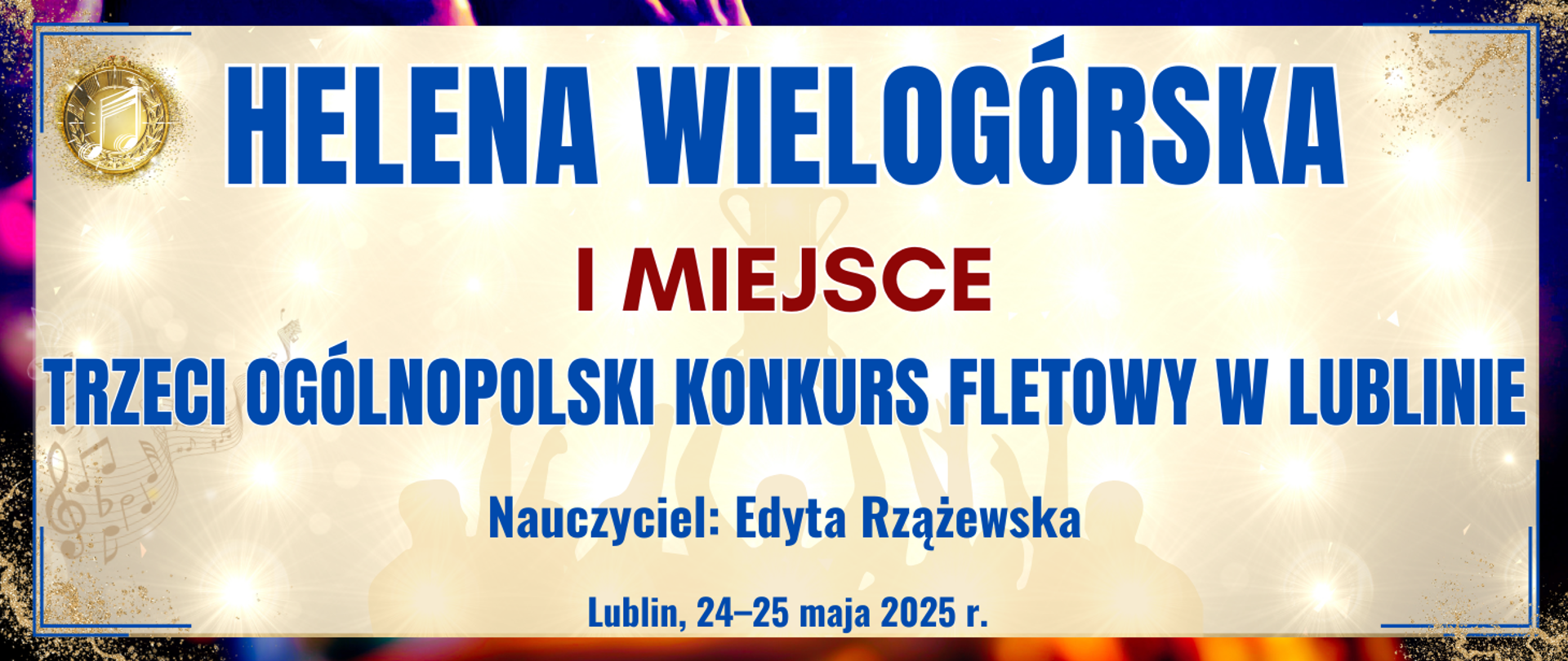 baner z ciemną kolorową ramką, jasne tło w środku z informacją o wyróżnieniu